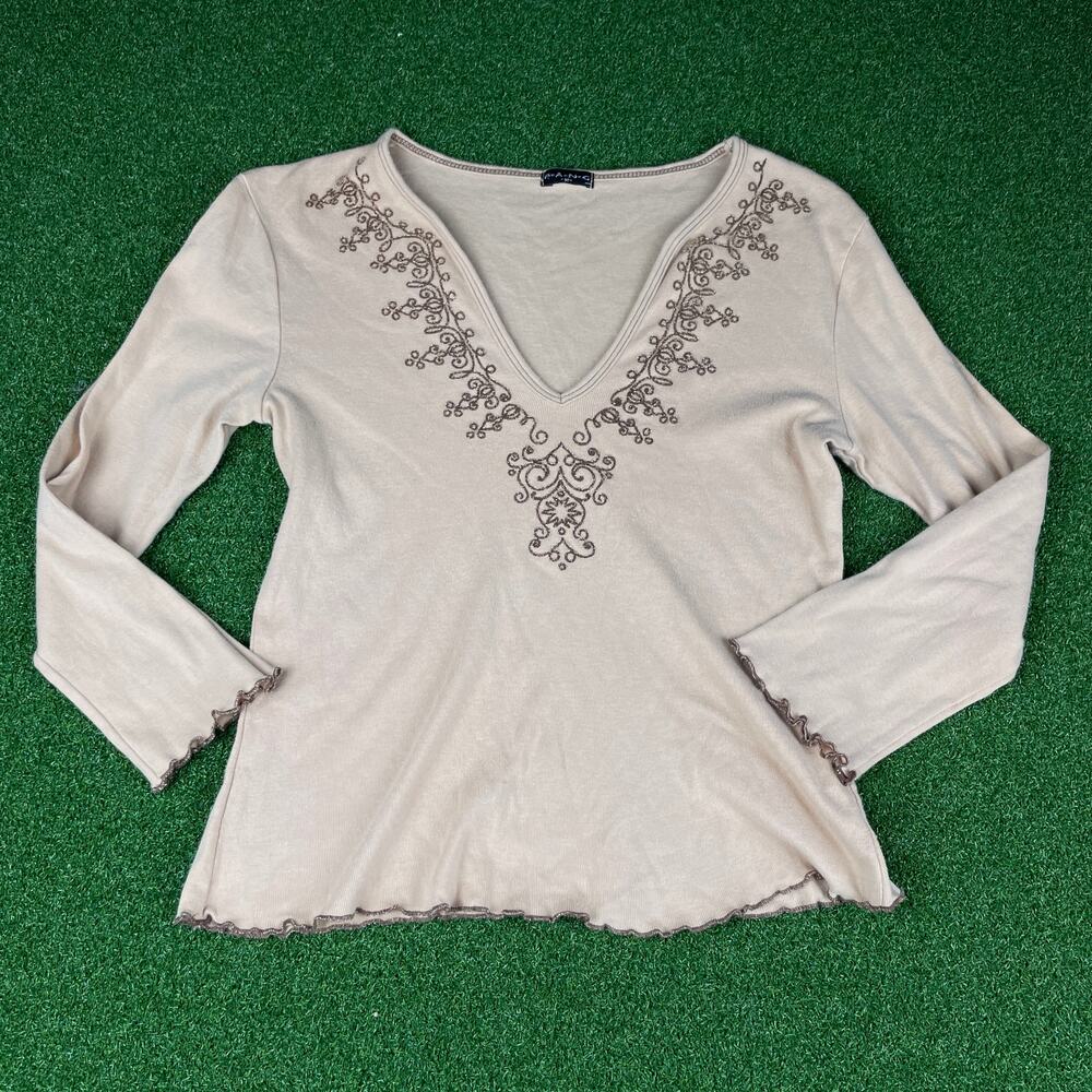 Vintage 90s Y2K FANG Two Toned Brown Beaded V Neck 3/4 Sleeve Baby T Sz M
